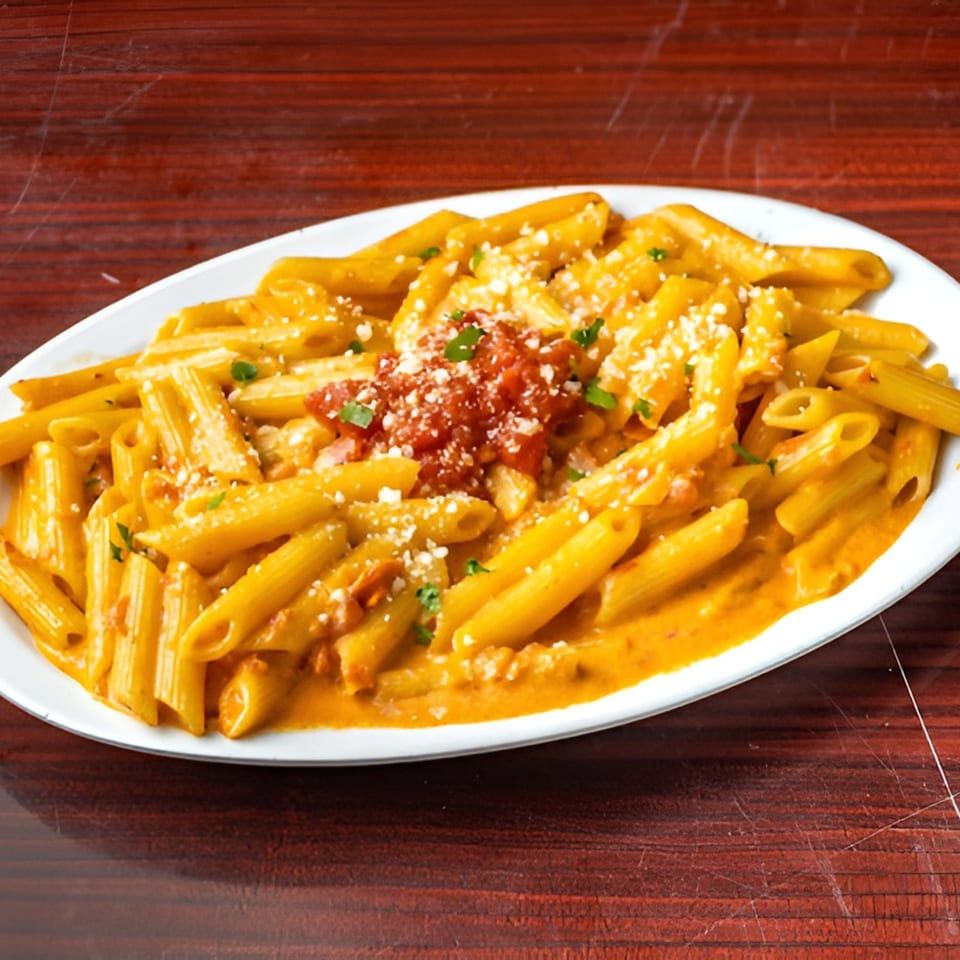Penne pasta in a creamy orange sauce, topped with red marinara, parmesan cheese, and parsley.